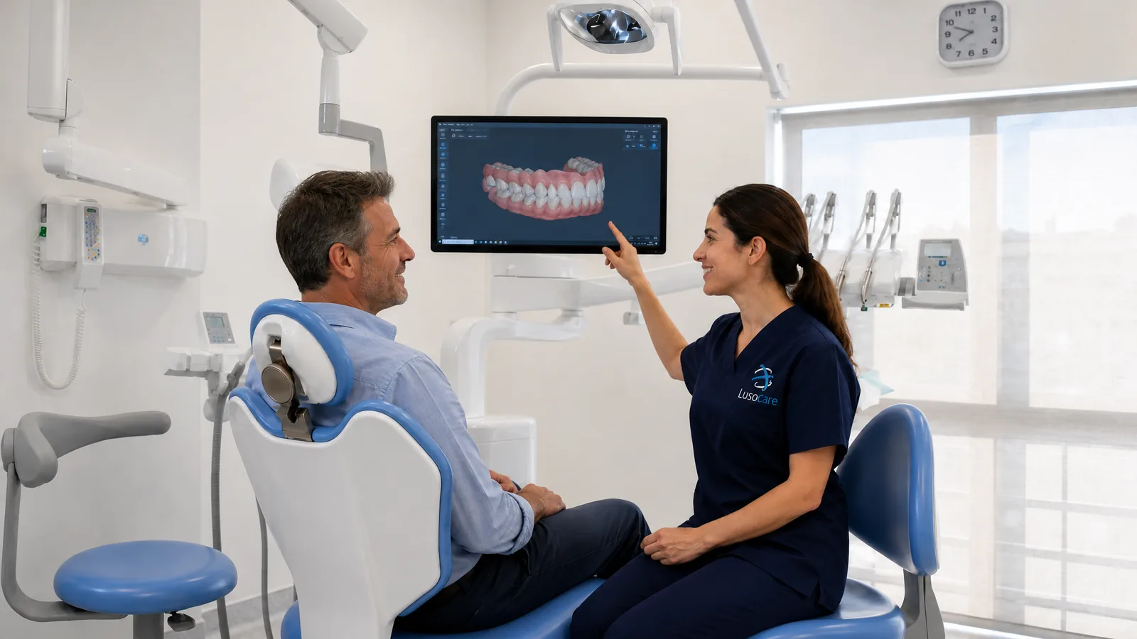 Médica dentista mostra exame TAC 3D no ecrã a um paciente na Lusocare